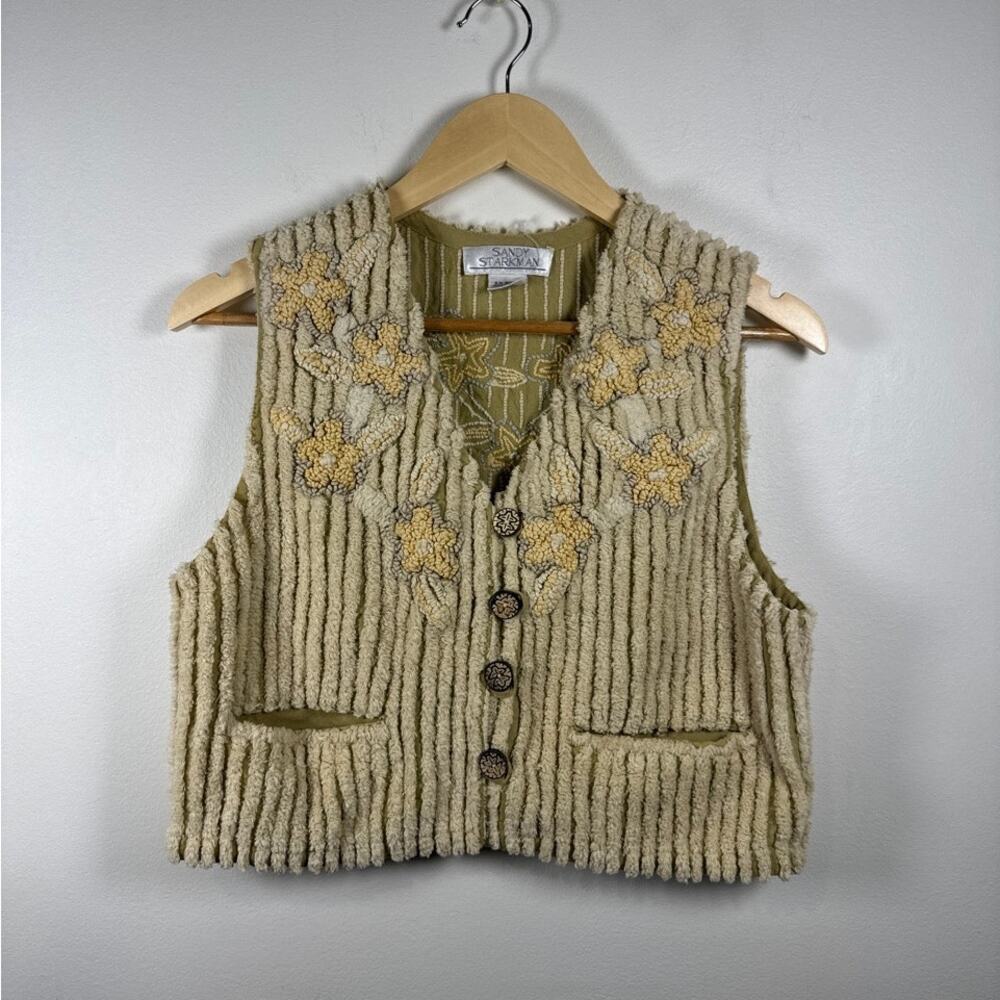 Sandy Starkman Vintage Chenille Floral Embroidered Cotton Vest Cottagecore